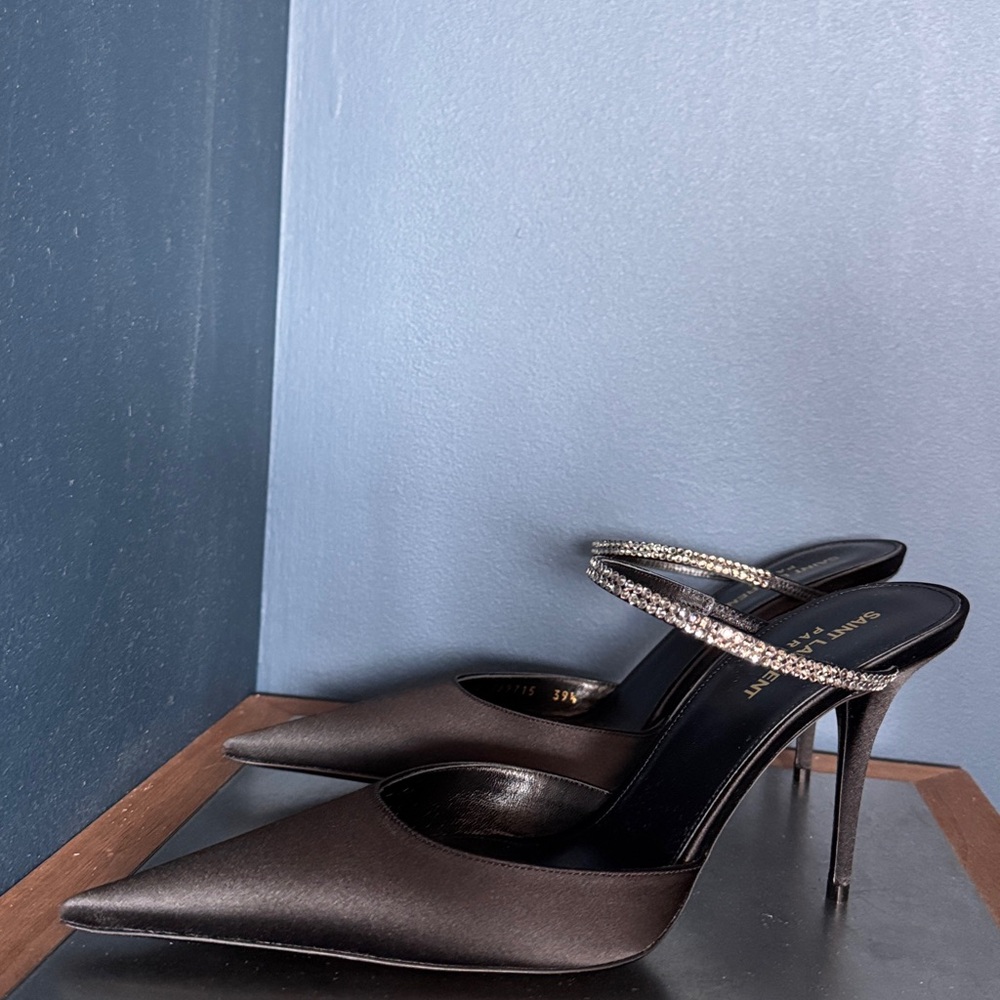 Saint Laurent Barbara Crystal embellished Satin Mule Heels - new in box - Picture 6 of 11